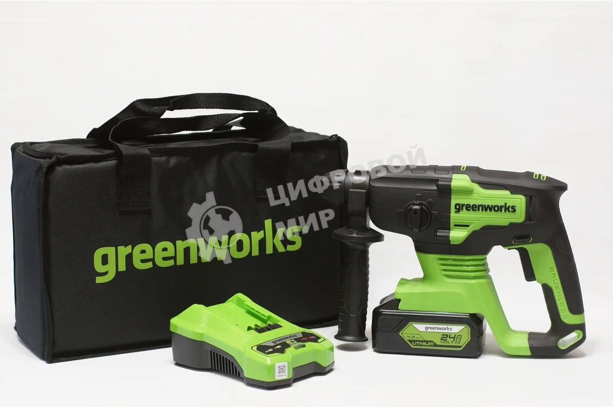 Перфоратор аккумуляторный бесщеточный GreenWorks GD24SDS2 2 ДЖ, 24V, c 1хАКБ 4 Ач и ЗУ в сумке (3803007UB)