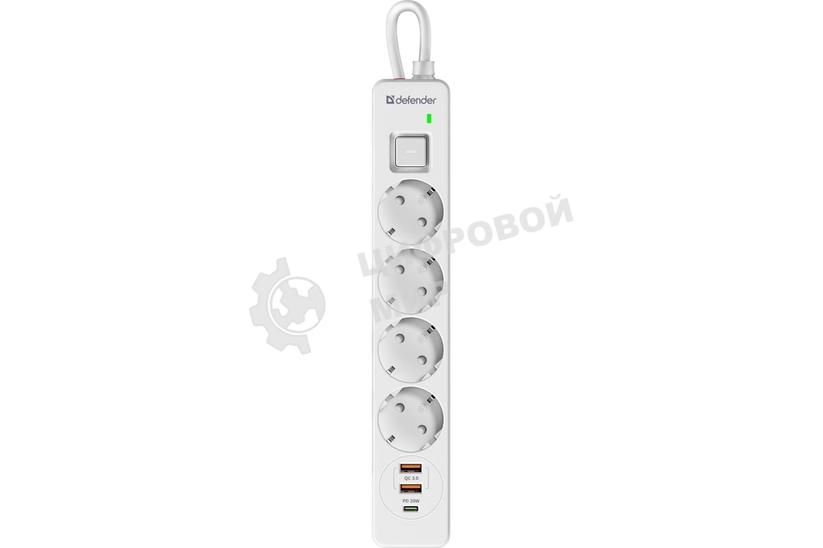 Удлинитель с сетевым фильтром Defender DFS 141, белый, 4розетки, USB+TypeC, 1.5 м.