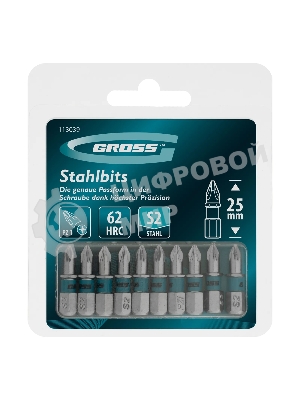Бита Gross PZ1х25мм, сталь S2, шестигр., 10 шт.
