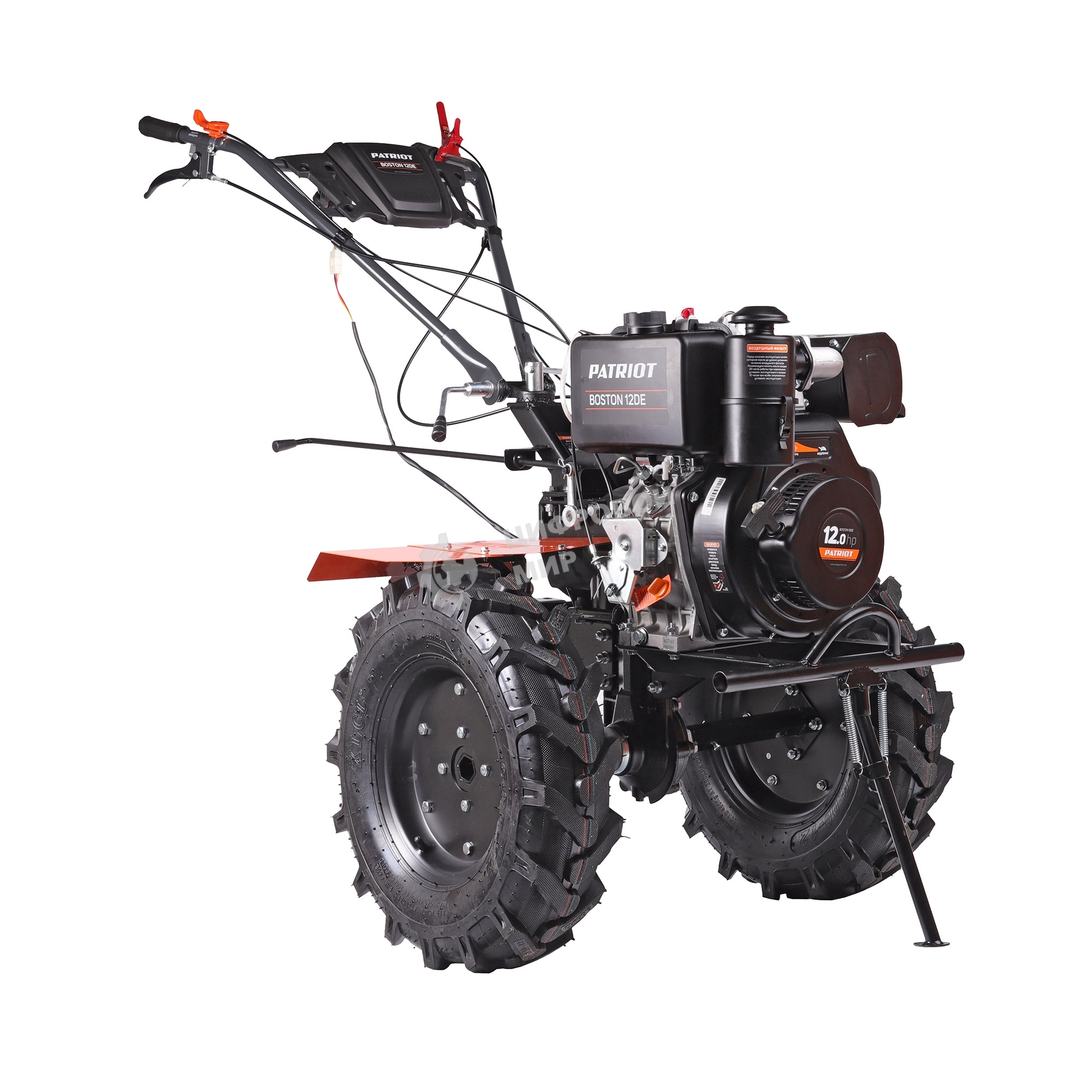 Мотоблок дизельный PATRIOT BOSTON 12DE 12 л,с; эл. Стартер: 12V; фрезы: 1350 mm; коробка передач 2 вперед+ 1 назад