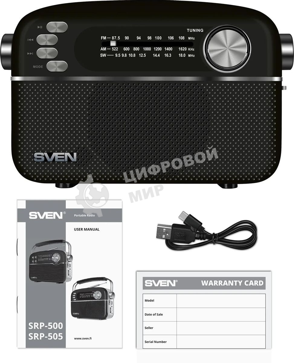Радиоприемник SVEN SRP-505 (4 Вт, FM/AM/SW, USB, SD/microSD, Bluetooth, 1200 мА·ч)черный