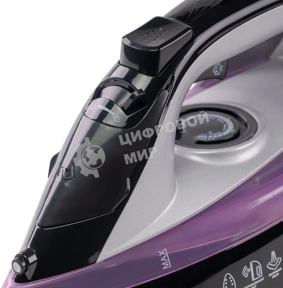 Утюг Galaxy Line GL 6128, фиолетовый с черным, паровой, 2200 Вт, постоянный пар 30 г/мин, паровой удар 140 г/мин, функции: самоочистка, антикапля, антинакипь, функция увлажнения, вертикальное отпаривание, защита от перегрева, индикатор нагрева, керамическ