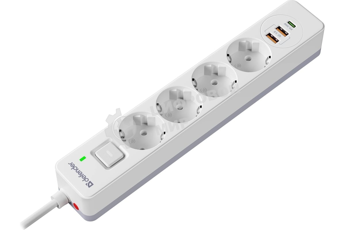Удлинитель с сетевым фильтром Defender DFS 141, белый, 4розетки, USB+TypeC, 1.5 м.
