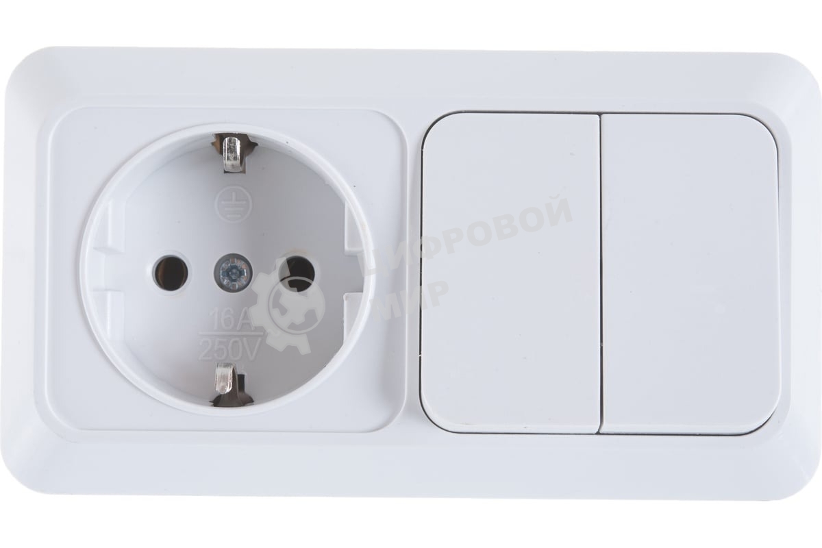 Блок ОП Олимп 2-кл. вык.+ роз. с заземл. горизонт. бел. UNIVersal О0033