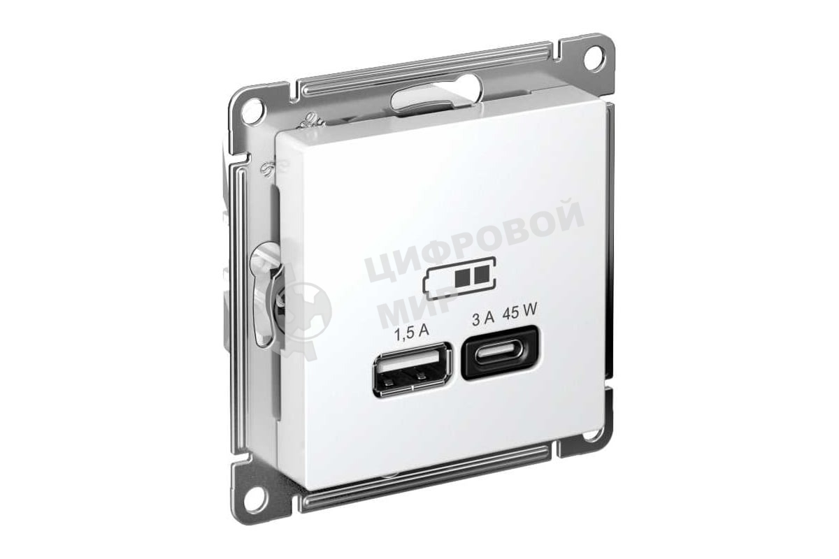 Розетка USB AtlasDesign тип A+C 45Вт QC PD высокоскор. ЗУ механизм бел. SE ATN000129