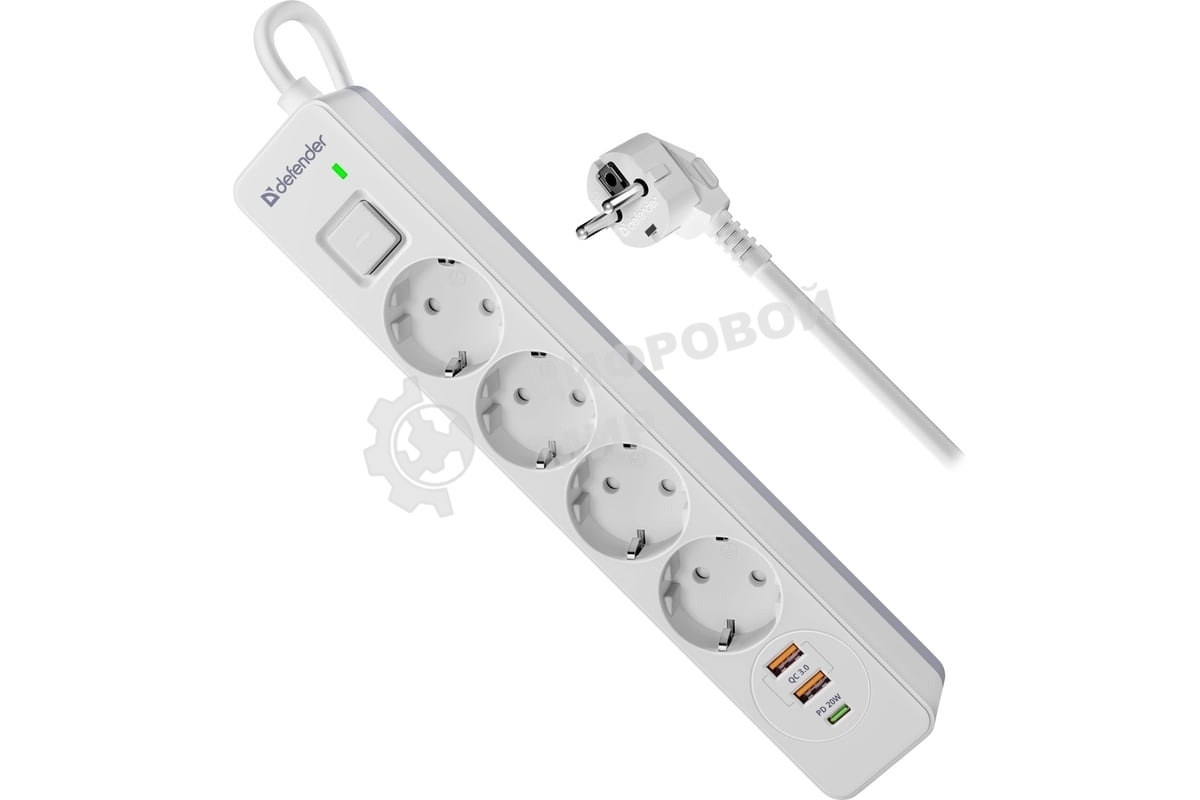 Удлинитель с сетевым фильтром Defender DFS 141, белый, 4розетки, USB+TypeC, 1.5 м.