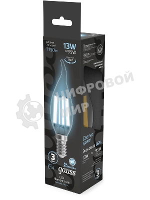 Лампа светодиодная филаментная Gauss Filament 13Вт цок.: E14 свеча св. свеч. бел. нейт. (упак.: 10 шт)