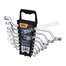 Набор накидных изогнутых гаечных ключей 8 шт Deli DL150008A Спецификация: 6x7мм, 8x9мм, 10x11мм, 12x13мм, 14x15мм, 16x17мм, 18x19мм, 20x22мм. Матовая хромированная поверхность. Пластиковая упаковка.