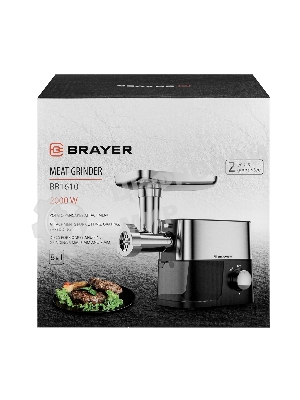 Мясорубка электрическая BRAYER BR1610 черный, 2000 Вт, 2.0 кг/мин, реверс, защита от перегрузки, металлический лоток, насадки - 6