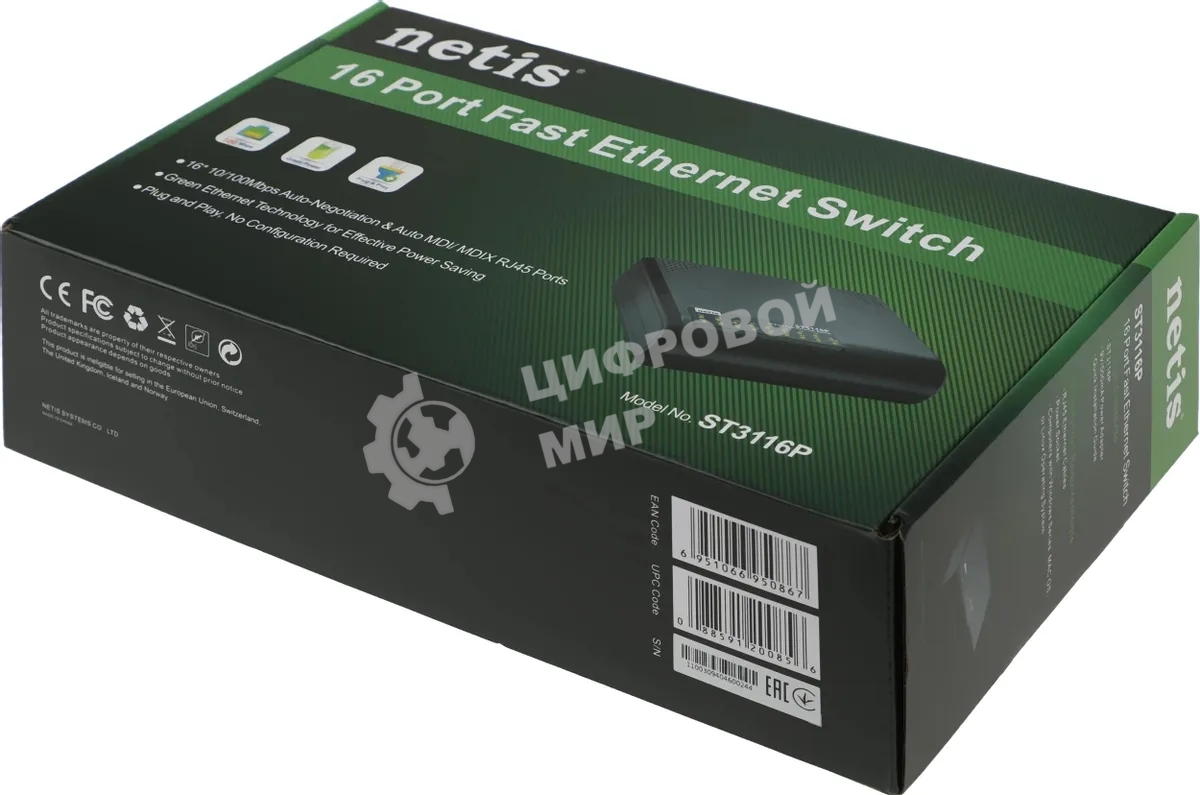 Коммутатор Netis ST3116P неуправляемый настольный 16x10/100