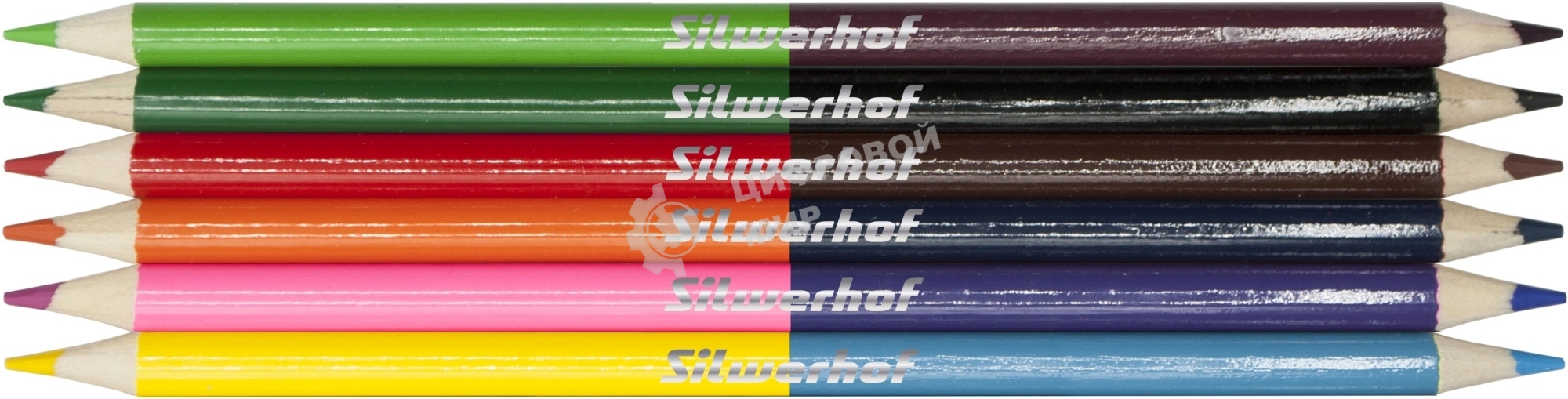 Карандаши цветные Silwerhof Color двухцветные 2.8м м, круглый профиль, дерево, ассорти, 12 цветов, коробка с европодвесом (6 шт)