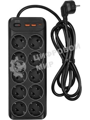 Сетевой фильтр Powercom SP-10 USB2A1СB 1.8 м 1.8м (10 розеток) черный, коробка