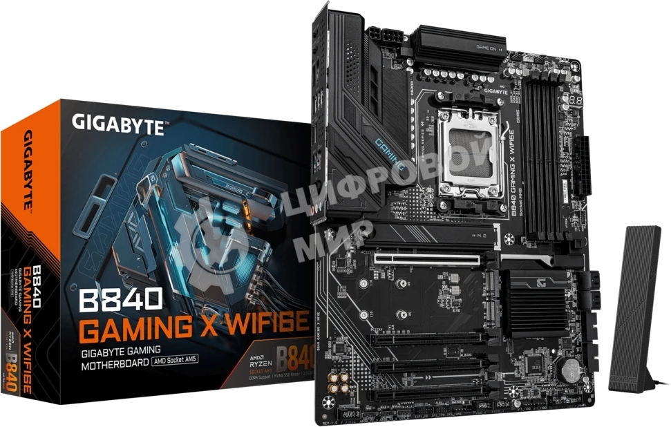 Материнская плата Gigabyte B840 GAMING X WIFI6E, AM5, AMD B840, 4xDDR5, 4xSATA, 3xM.2, 1xPCIe 4.0 x16, 3xPCIe 3.0 x16, 1xHDMI, 1xDP, 1x2.5Gb LAN, Wi-Fi 6E, Bluetooth 5.3, 1xUSB-C 10Gbps, 1xUSB-A 10Gbps, 2xUSB-A 5Gbps, 4xUSB-A 2.0, 3x3.5 мм, 7.1, ATX