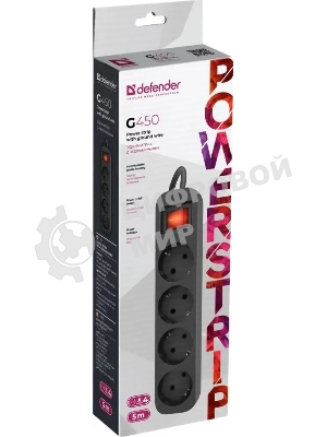 Удлинитель Defender G450 черный, 5 м, EURO, 4 розетки, 2200 Вт