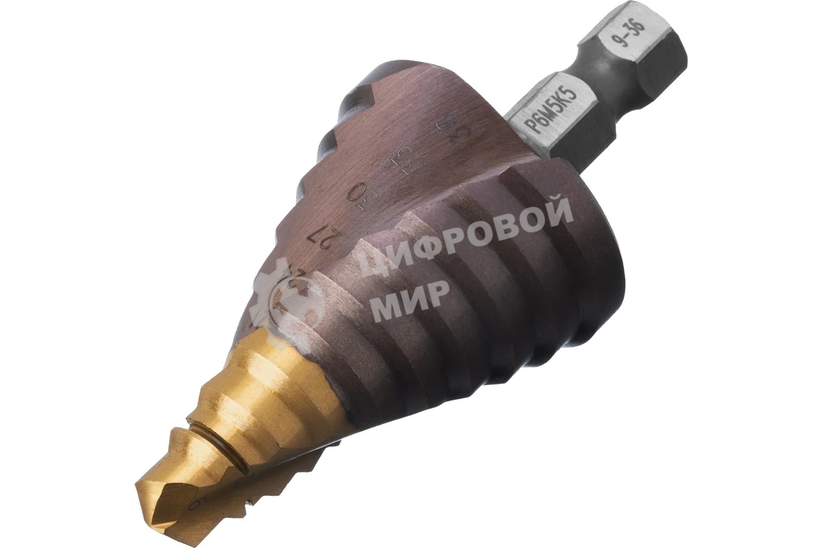 Сверло ступенчатое Denzel 9-12-15-18-21-24-27-30-33-36 мм, Р6М5К5, 6-гр. хвостовик 723615