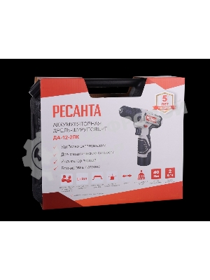 Дрель-шуруповерт Ресанта ДА-12-2ЛК, 12 В, 2 Ач, 40 Нм, щеточный