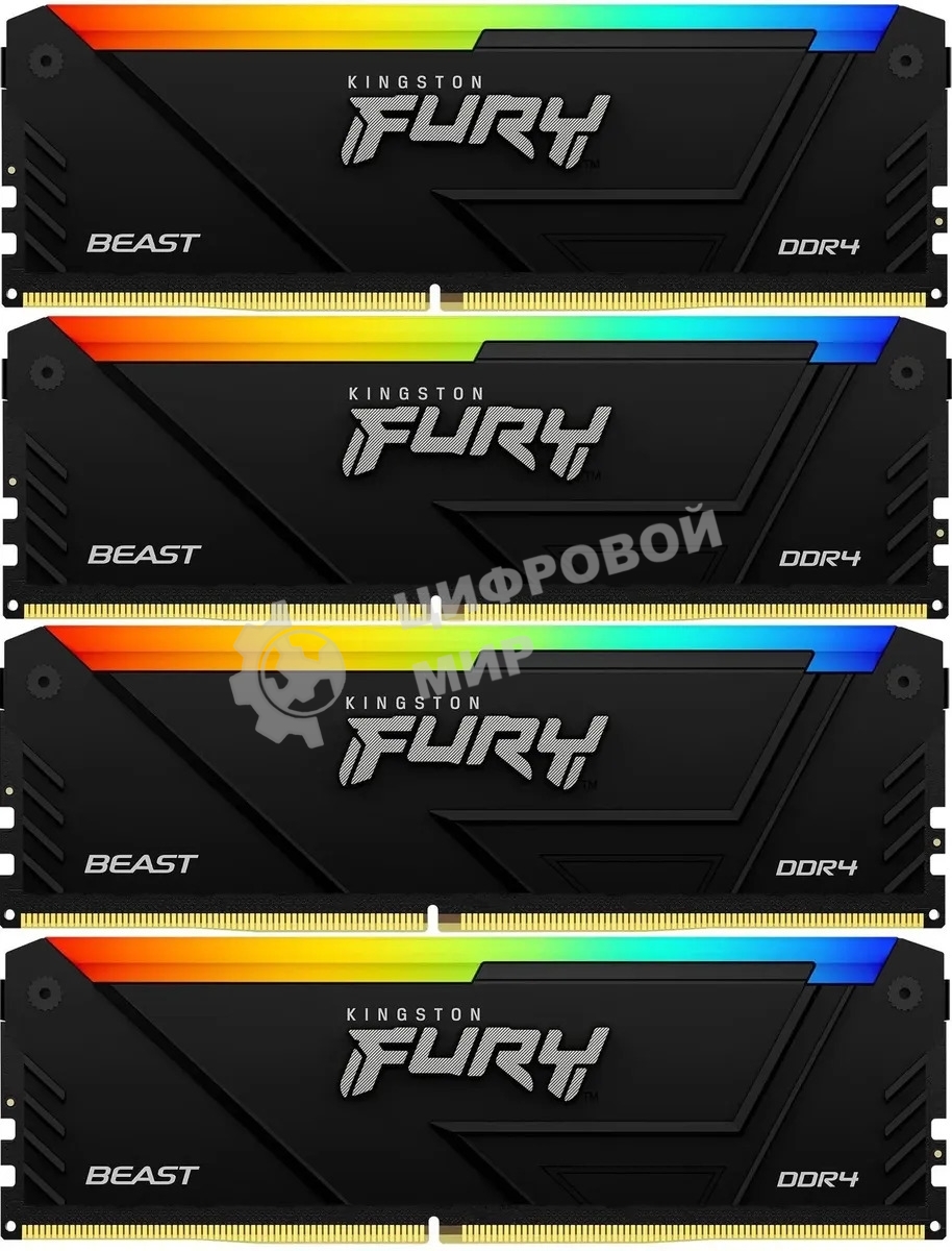 Оперативная память Kingston Fury Beast, DDR4, 64Gb (4x16Gb), 3200MHz, CL16, DIMM, с радиатором, RGB, черный