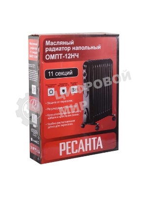 Обогреватель масляный Ресанта ОМПТ-12НЧ (11 секций) черный, 2500 Вт, 30 м2, термостат 67/3/15