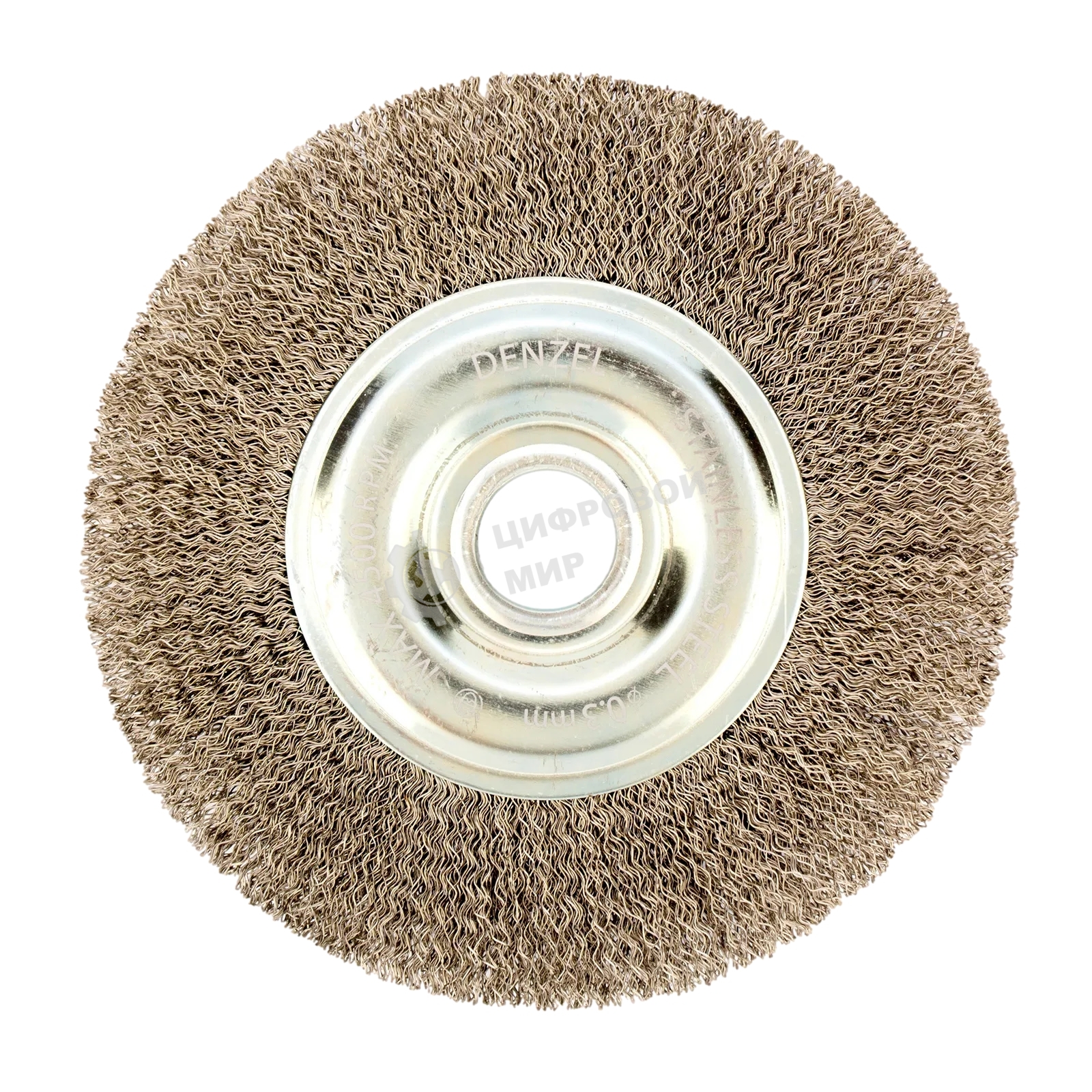 Щетка для УШМ Denzel 150 мм, посадка 22,2 мм, плоская, витая нержавеющая проволока 0,3 мм