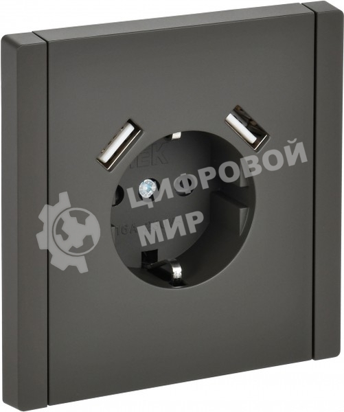 Розетка IEK FORTE&PIANO FP345 1-местная с заземлением с защитными шторками винтовое крепление 16А USB A+A 3,1А серый