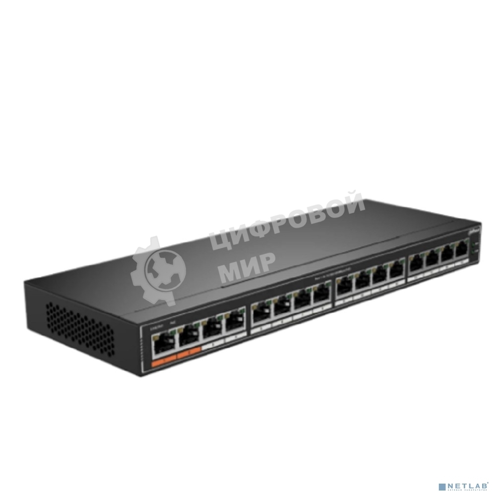 Коммутатор гигабитный 16-портовый неуправляемый Dahua DH-SG1016Pc PoE, 16xRJ45 1Gb PoE, суммарно 190Вт, коммутация 32 Гбит/с, MAC-таблица 8К, металл
