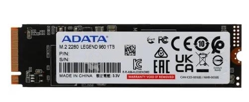Накопитель SSD ADATA LEGEND 960, 1Tb, PCIe 4.0 x4, M.2 2280, NVMe, R/W 7400/6000, с радиатором