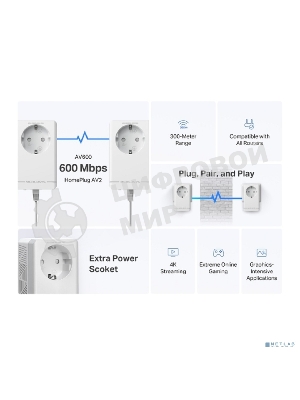 Комплект адаптеров Powerline с розеткой Mercusys MP300P KIT