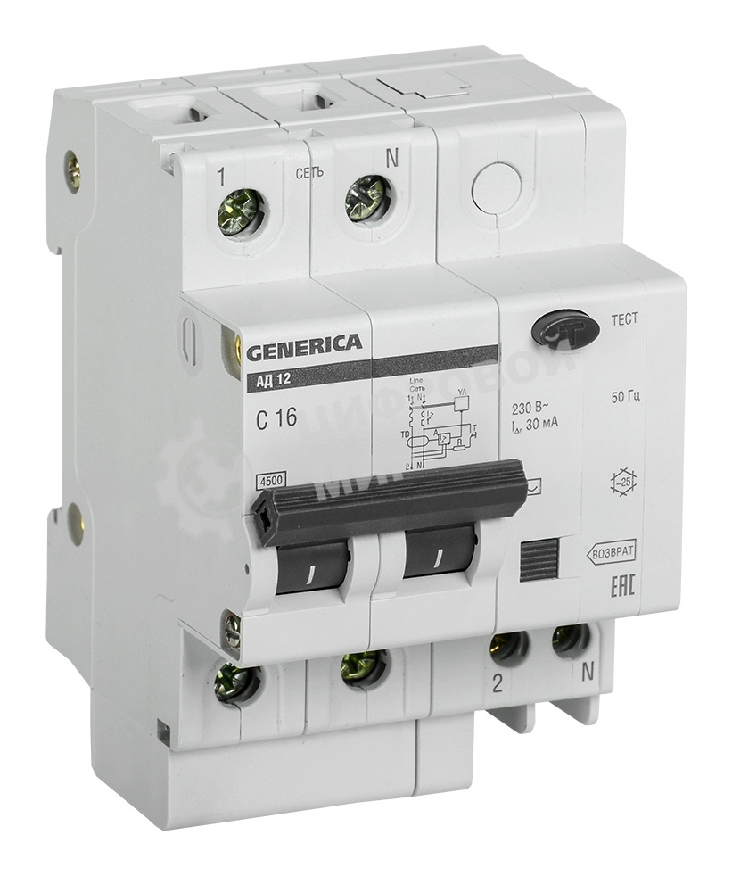 Выключатель автоматический дифференциального тока IEK MAD15-2-016-C-030 АД12 2Р 16А 30мА GENERICA
