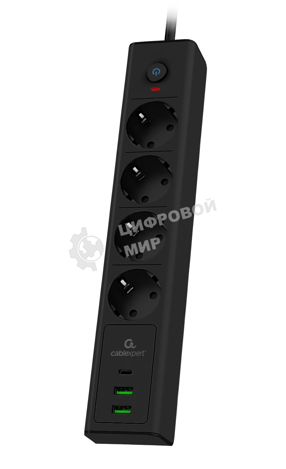 Сетевой фильтр Cablexpert Exnovo, EXN-4-CU2-B-2, 4р,16А, 1xType-C PD, 30Вт, 2хUSB, 2 м, ур. защиты 4+, черный, коробка