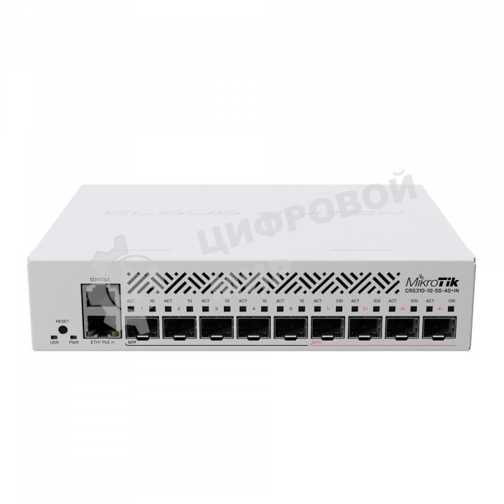 Коммутатор MikroTik Cloud Router Switch CRS310-1G-5S-4S+IN with 800 MHz CPU, 256 MB RAM, 4xSFP+, 5xSFP cages, 1xGbit LAN port, RouterOS L5, desktop case, rackmount ears, PSU