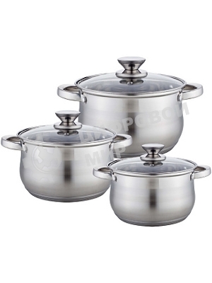 Набор посуды WEBBER BE-615/6 из нерж.стали 6 пр. 2,9 л, 5,1 л, 6,6 л со стеклянными крышками В наборе 6 предметов: кастрюля со стеклянной крышкой 18х11,5 см; 2,9 л кастрюля со стеклянной крышкой 22х13,5 см; 5,1 л кастрюля со стеклянной крышкой 24х14,5 см; 6,6 л Толщина стали 0,5 мм