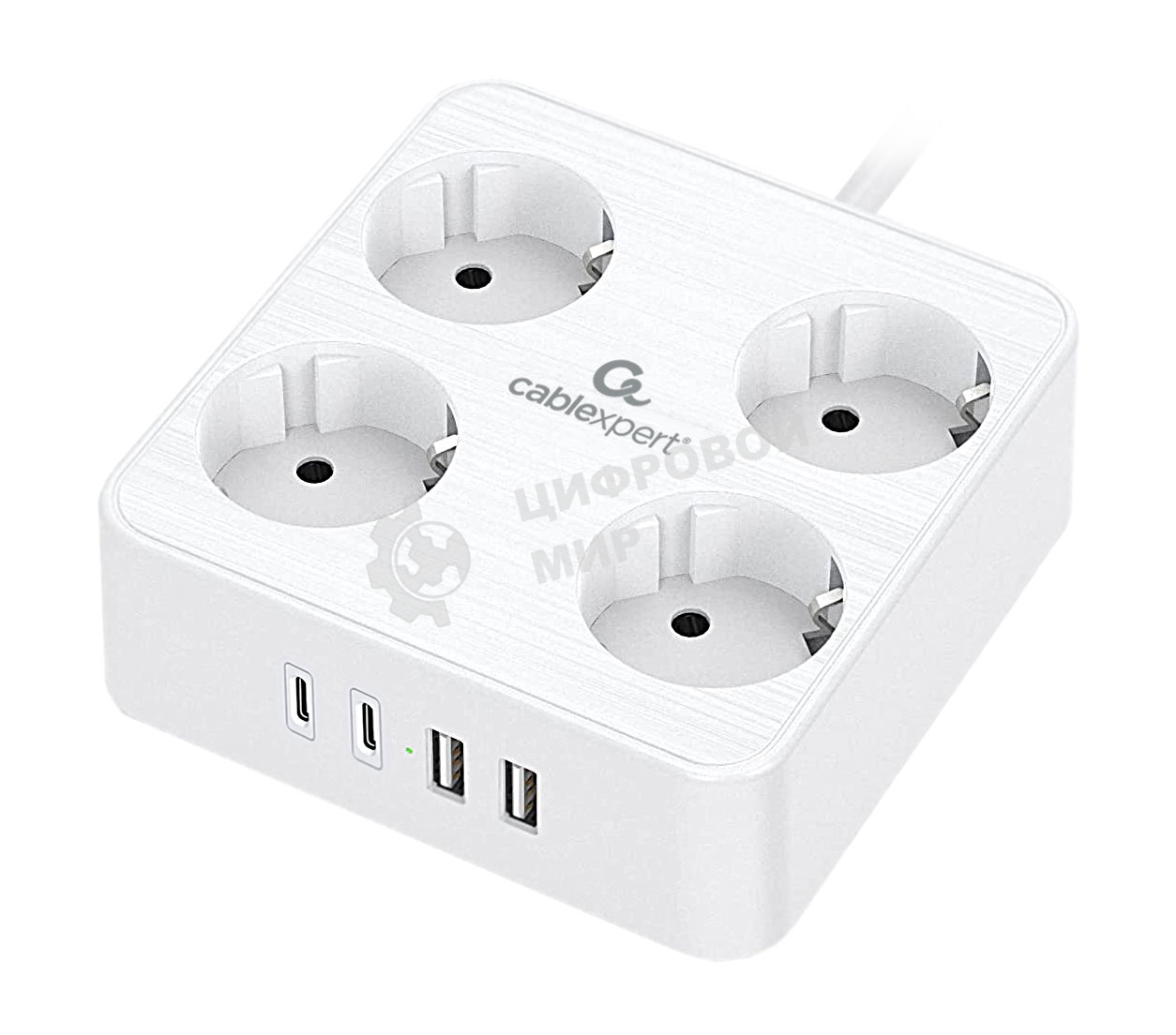 Сетевой фильтр Cablexpert Plate, PLT-4-C2U2-W-2, 4р, 10А, 2xType-C PD, 20Вт, 2xUSB, 2.4A, 2 м, ур. защиты 4+, белый, коробка