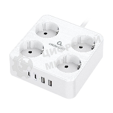 Сетевой фильтр Cablexpert Plate, PLT-4-C2U2-W-2, 4р, 10А, 2xType-C PD, 20Вт, 2xUSB, 2.4A, 2 м, ур. защиты 4+, белый, коробка