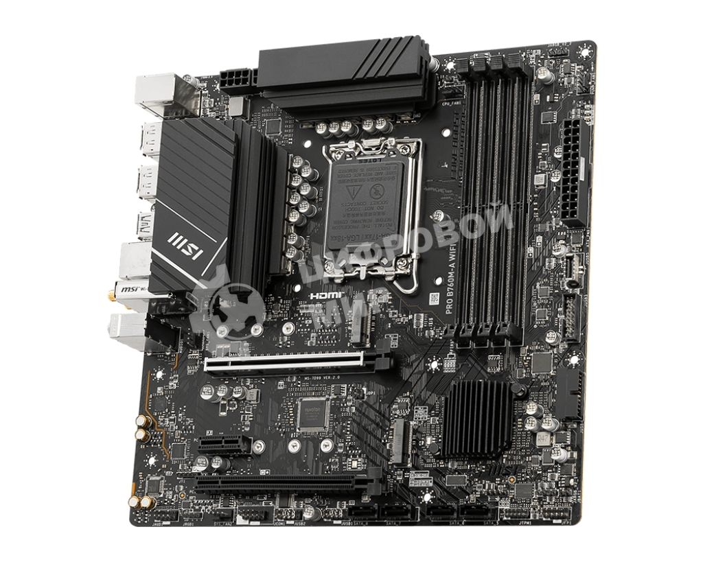 Материнская плата MSI PRO B760M-A WIFI, LGA 1700, Intel B760, 4xDDR5, 4xSATA, 2xM.2, 1xPCI-E 4.0 x16, 1xPCI-E 4.0 x4, 2xHDMI, 2xDP, 1x2.5Gb LAN, 2xUSB-A 2.0, 2xUSB 3.2 Gen 1, 2xUSB 3.2 Gen 2, 3x3.5 мм, 7.1, Micro-ATX