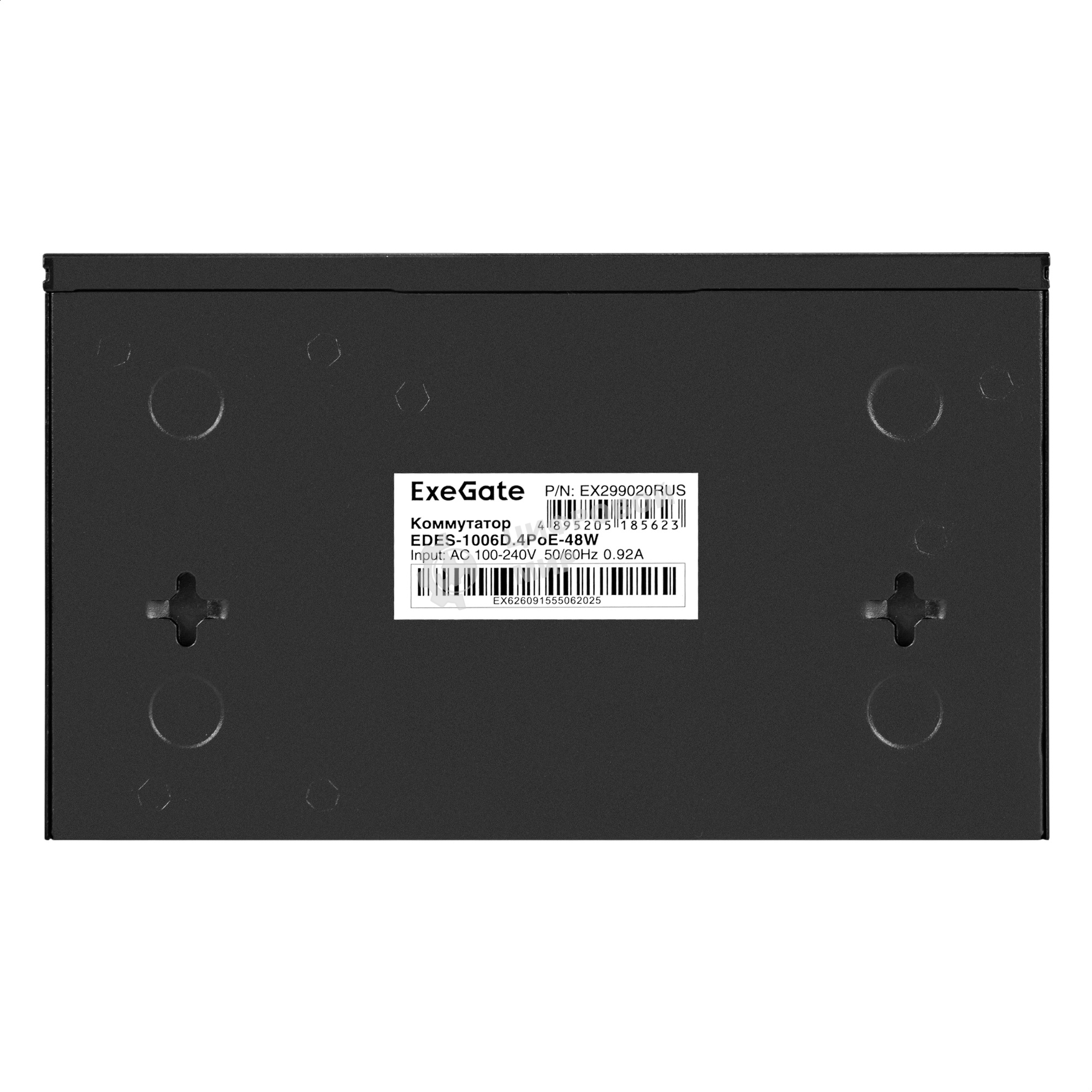 Коммутатор неуправляемый ExeGate EDES-1006D.4PoE-48W (6-портовый UTP 10/100 Base-Tx: 4 порта 802.3af (PoE), мощность PoE: 25W, суммарно 48W, 2 порта RJ45 uplink, настенный/настольный, металлический корпус)