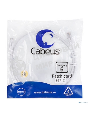 Шнур комм. Cabeus, кат. 6, неэкр., U/UTP, RJ45/RJ45, PVC, AWG24, 1.5м, белый