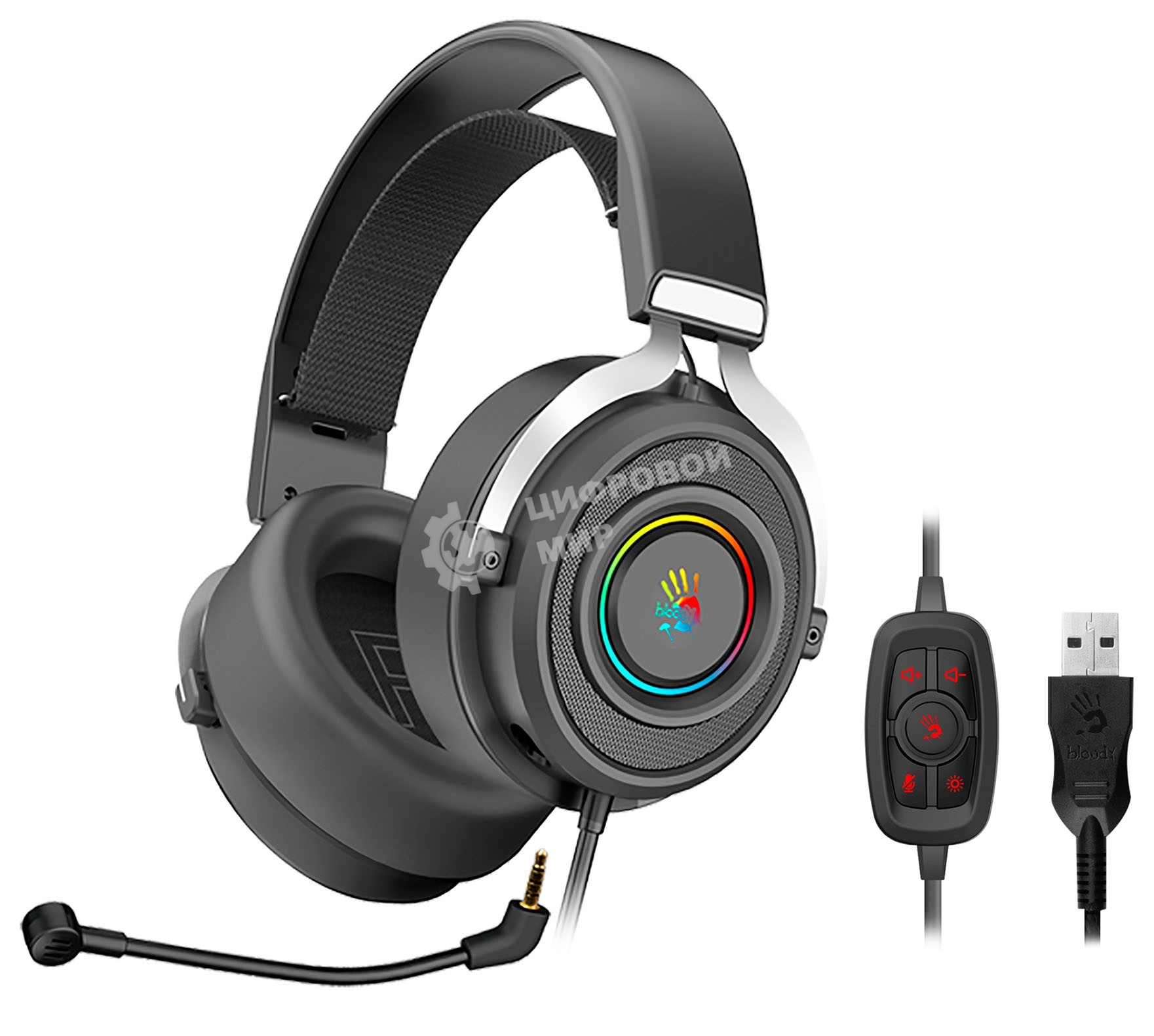 Гарнитура проводная с микрофоном A4Tech Bloody G535 черный/серебристый 2м мониторные USB оголовье (G535 (BLACK+SILVER) USB)