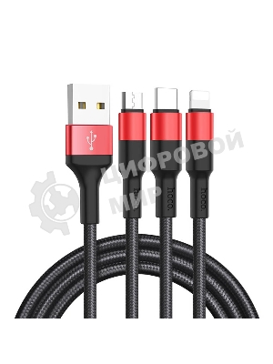Кабель HOCO USB X26 Xpress 3 в 1 для Lightning, Micro USB, Type-C, 2.0A, 1 м, черный с красным