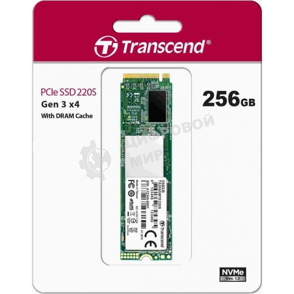 Накопитель SSD Transcend MTE220S SSD 256GB, 3D TLC, M.2 (2280), PCIe Gen 3.0 x4, NVMe, R3300/W1100, TBW 550