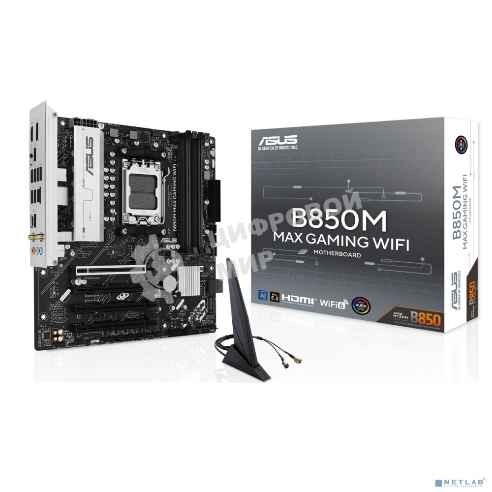 Материнская плата ASUS B850M MAX GAMING WIFI, AM5, AMD B850, 4xDDR5, 4xSATA, 3xM.2, 1xPCIe 5.0 x16, 1xPCIe 4.0 x4, 1xPCIe 3.0 x1, 1xDP, 1xHDMI, 1x1Gb LAN, Wi-Fi 6, Bluetooth 5.4, 1xUSB-C 10Gbps, 2xUSB-A 10Gbps, 2xUSB-A 5Gbps, 5xUSB-A 2.0, 3x3.5 мм, 7.1, m
