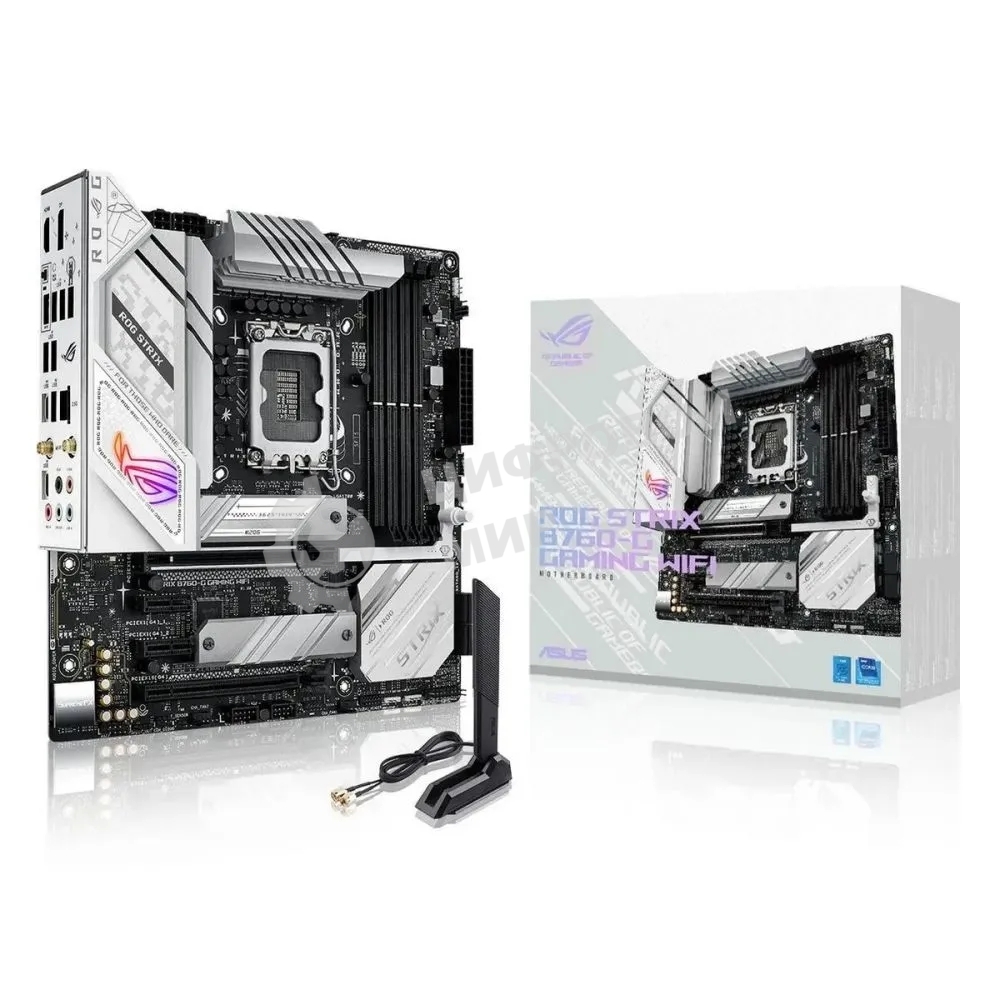 Материнская плата ASUS ROG STRIX B760-G GAMING WIFI, LGA 1700, Intel B760, 4xDDR5, 4xSATA, 2xM.2, 1xPCIe 5.0 x16, 1xPCIe 4.0 x4, 1xHDMI, 1xDP, 1x 2.5Gb LAN, 1xUSB-A 3.2 Gen 2, 2xUSB-A 3.2 Gen 1, 4xUSB-A 2.0, 1xUSB-C 3.2 Gen 1, 1xUSB-C 3.2 Gen 2x2, 5x3.5 м