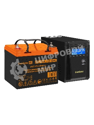Комплект Источник бесперебойного питания EX295986RUS + батарея 33Aч EX285664RUS 1шт (инвертор, синус, для котла) ExeGate SineTower SZ-600.LCD.AVR.1SH <600VA/360W, чистый синусоида, LCD дисплей, AVR, 1*Schuko, линейно-интерактивный, Black> + батарея ExeGate HRL 12-33 (12В, 33Ач) 1шт