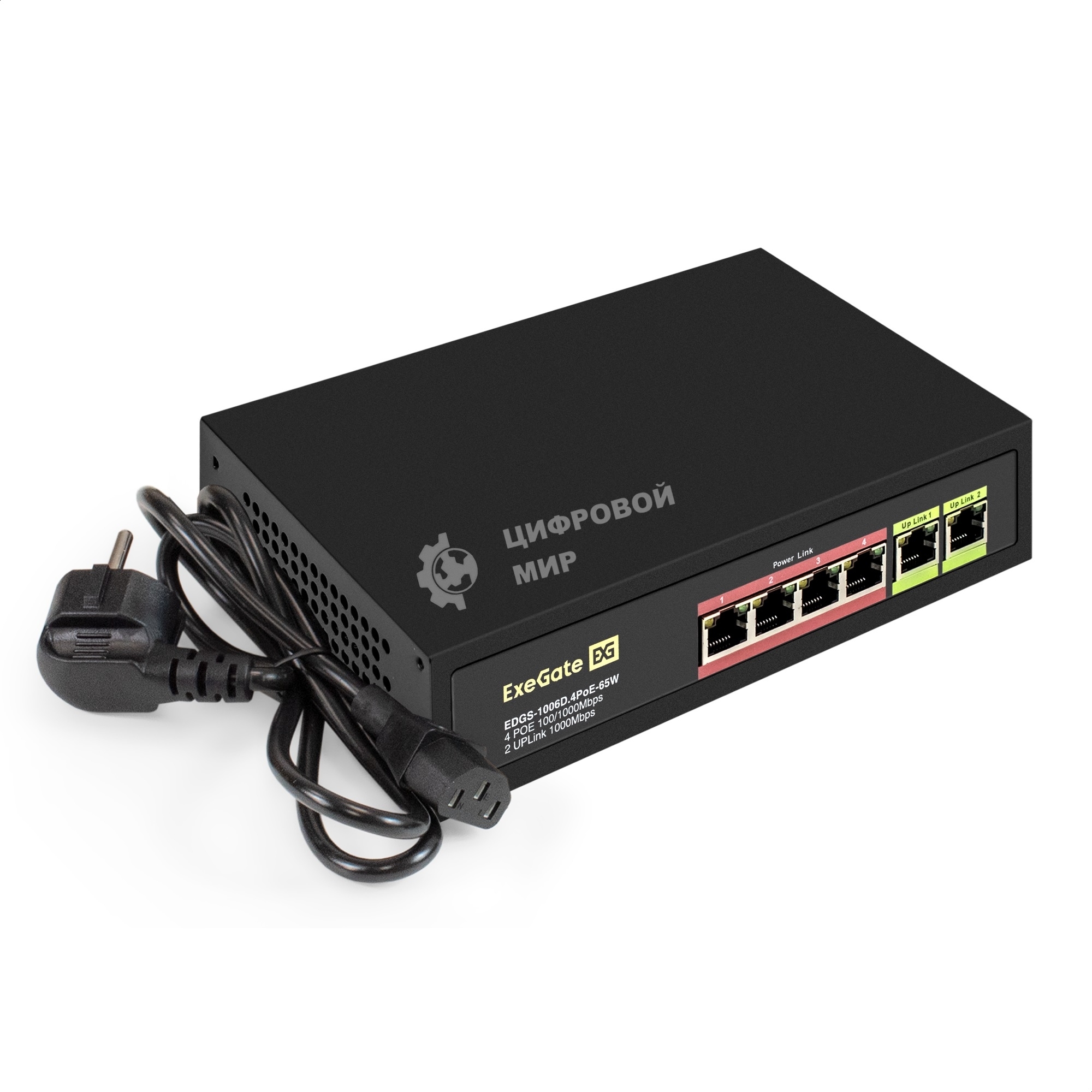 Коммутатор неуправляемый ExeGate EDGS-1006D.4PoE-65W (6-портовый гигабитный UTP 10/100/1000 Base-T: 4 порта IEEE 802.3af (PoE), мощность PoE: 15,4W, суммарно 65W, 2 порта RJ45 uplink, настенный/настольный, металлический корпус)