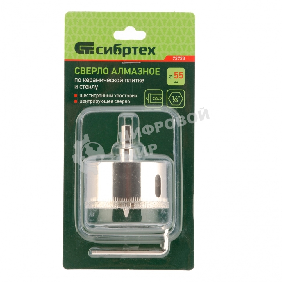 Сверло по керамической плитке и стеклу Сибртех, 55 х 55 мм, 6 гр.хв-к, с центр. сверлом