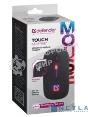 Мышь беспроводная Defender Touch MM-997 черный, 1600 dpi, радиоканал, Bluetooth, USB, кнопки - 4