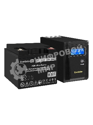 Комплект источника бесперебойного питания Exegate EX295986RUS + батарея 40Aч EX282976RUS 1шт (инвертор, синус, для котла) ExeGate SineTower SZ-600.LCD.AVR.1SH <600VA/360W, чистый синусоида, LCD дисплей, AVR, 1*Schuko, линейно-интерактивный, Black> + батарея ExeGate DT 1240 (12В, 40Ач) 1шт