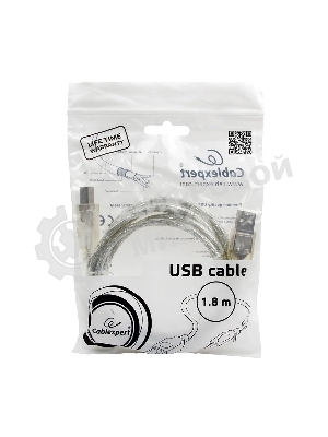 Кабель USB2.0 Pro Cablexpert CCF-USB2-AMBM-TR-6, AM/BM, 1,8м, экран, феррит.кольца, прозрачный, пакет