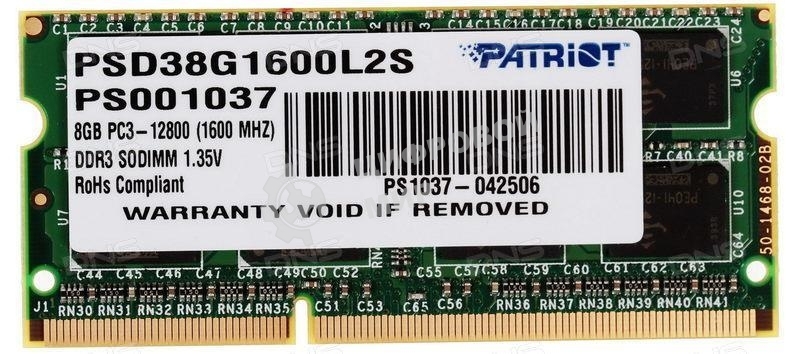 Оперативная память Patriot, DDR3L, 8GB (1x8 GB), 1600 MHz, CL11, SO-DIMM
