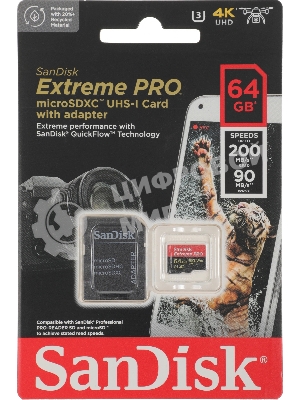 Флеш карта SanDisk Extreme Pro microSD UHS I Card 64GB for 4K Video on Smartphones, Action Cams & Drones 200MB/s Read, 90MB/s Write, Lifetime Warranty