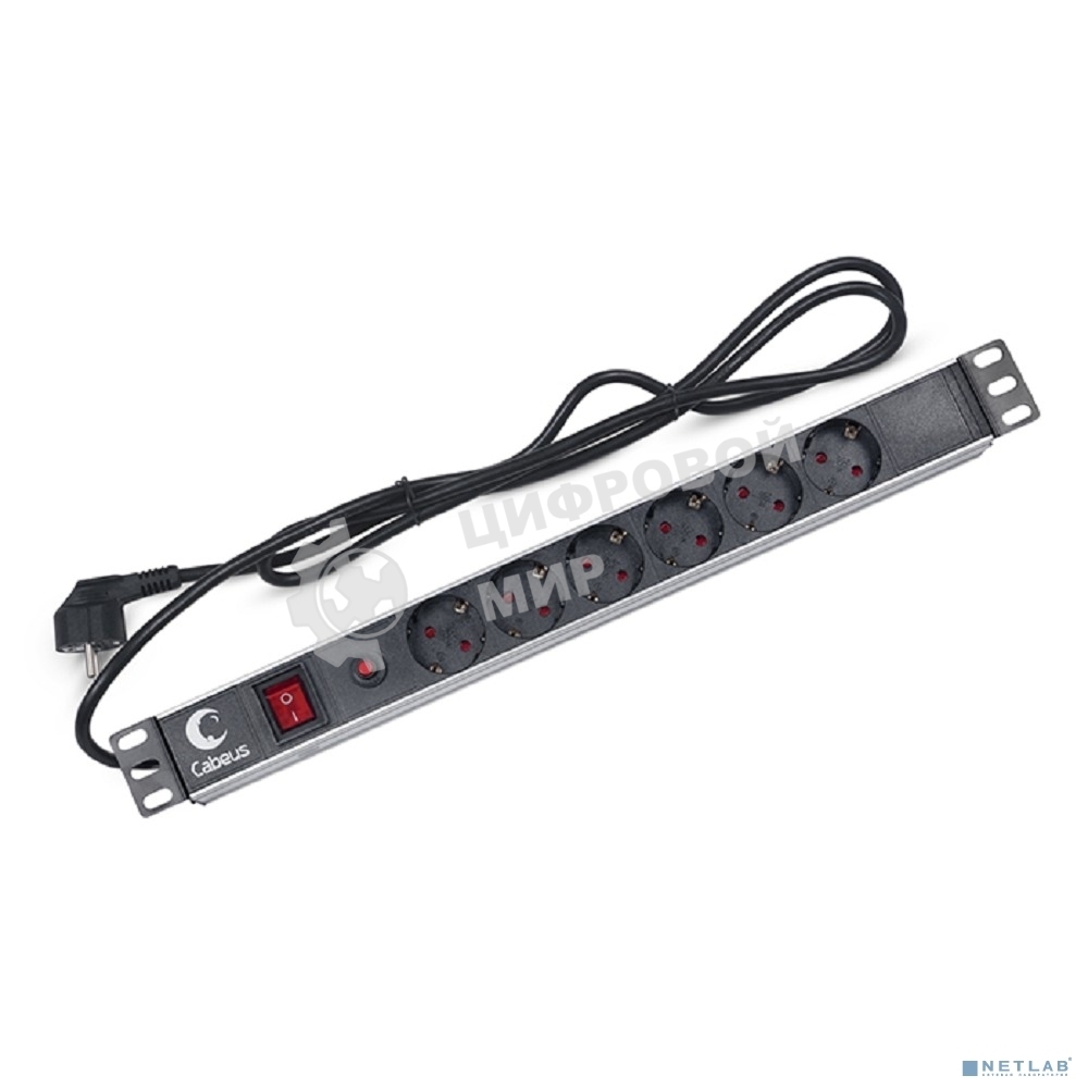 Блок силовых розеток Cabeus, Shuko х 6, вход Schuko, для шкафов, шнур 2 м, 50х490х50 мм (ВхШхГ), 16А, выключатель, фильтр защиты от напряжения, черный
